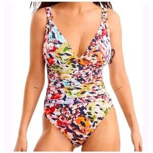 Bleu By Rod Beattie Party Animal Ruched Plunge neck Multicolor Swimsuit Sz 6 NWT